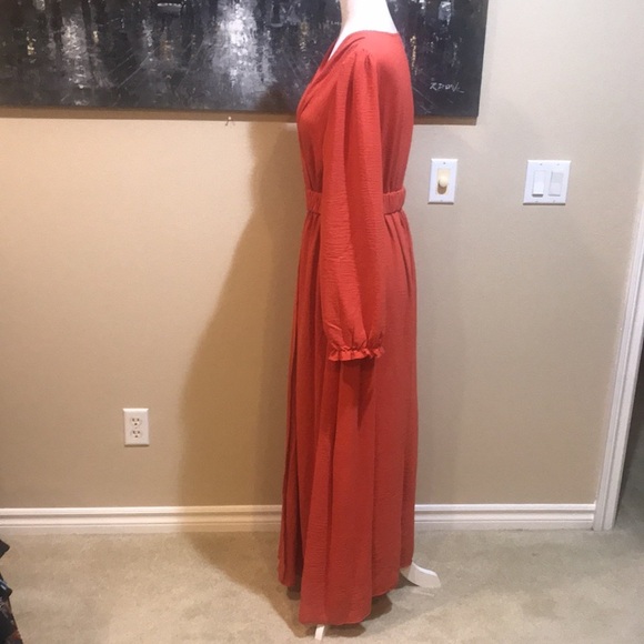 Orange Long Ruffled Sleeve Faux Wrap Belted Waist Maxi Dress-Size M - Picture 3 of 14